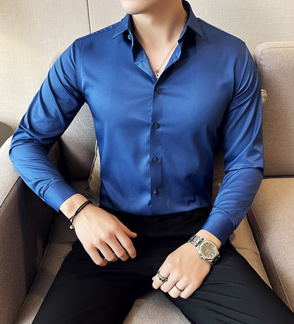 Seamless silk business casual shirt, long sleeved white non ironing elastic silk sliding cross shirt, men's formal wear