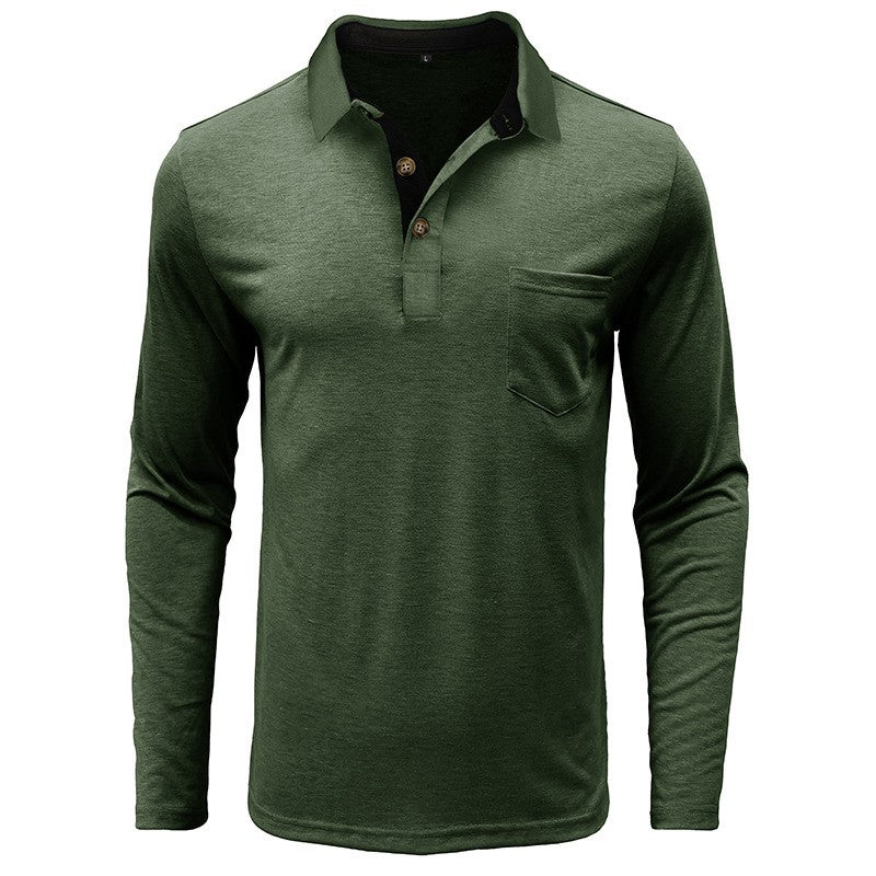 Spring Trend Men's Long Sleeve Casual Tshirt Solid Lapel Button Up Pullover Tops Autumn Turn Down Collar Bottoming Polo Shirt