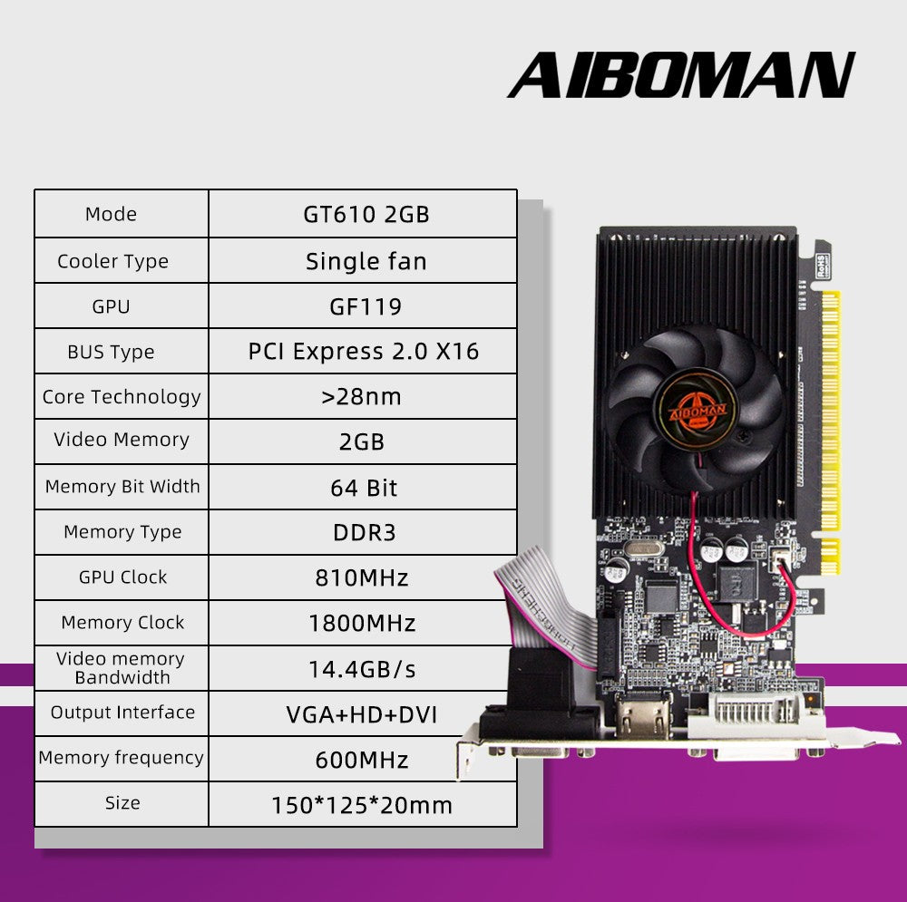 Placa de Vídeo AIBOMAN GT610 1G/2G DDR3 NVIDIA GeForce PCIE X16 2.0 HD DVI VGA 1800MHz 64Bit GPU Placas de Vídeo para Computador