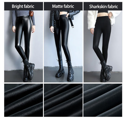2024 Autumn Winter Velvet Thick Warm Leather Pants Women Elastic PU High Waist Leggings Black Casual Slimming Fleece Trousers