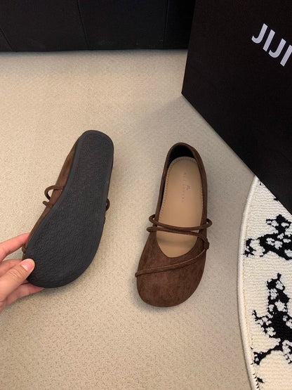 Women's Elegant Brown Mary Jane Flats French-Style Suede Loafers Spring/Autumn Collection Flat Shoes for Casual Wear