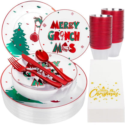 210 Peças Pratos Plásticos Transparentes Monstro Verde Conjunto Descartável de Louça de Natal Inclui 30 Pratos de Jantar, 30 Pratos de Sobremesa, 30 Garfos