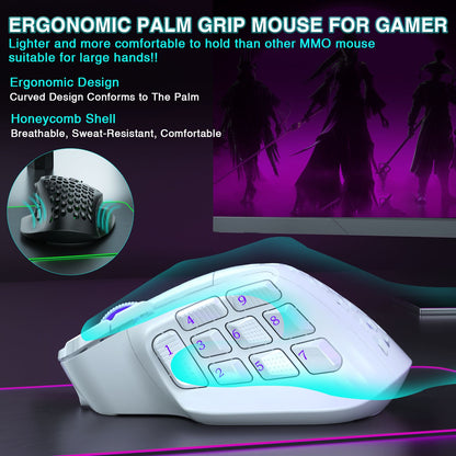 Mouse Gamer Sem Fio SOLAKAKA SM809 Pro MMO PAW3311 16 Botões Laterais 24000 DPI RGB Colmeia Macro Programável Mouse sem fio