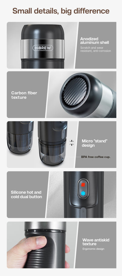 HiBREW Máquina de Café Portátil para Carro e Casa, DC12V Cafeteira Expresso Compatível com Cápsula Nespresso Dolce Pó de Café H4A