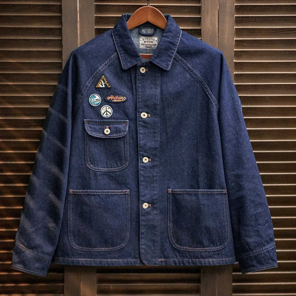 Maden Vintage 12.8oz Heavyweight Denim Jacket Embroidered Badge Washed Lapel Casual Outerwear for Men Spring and Fall Chore Coat