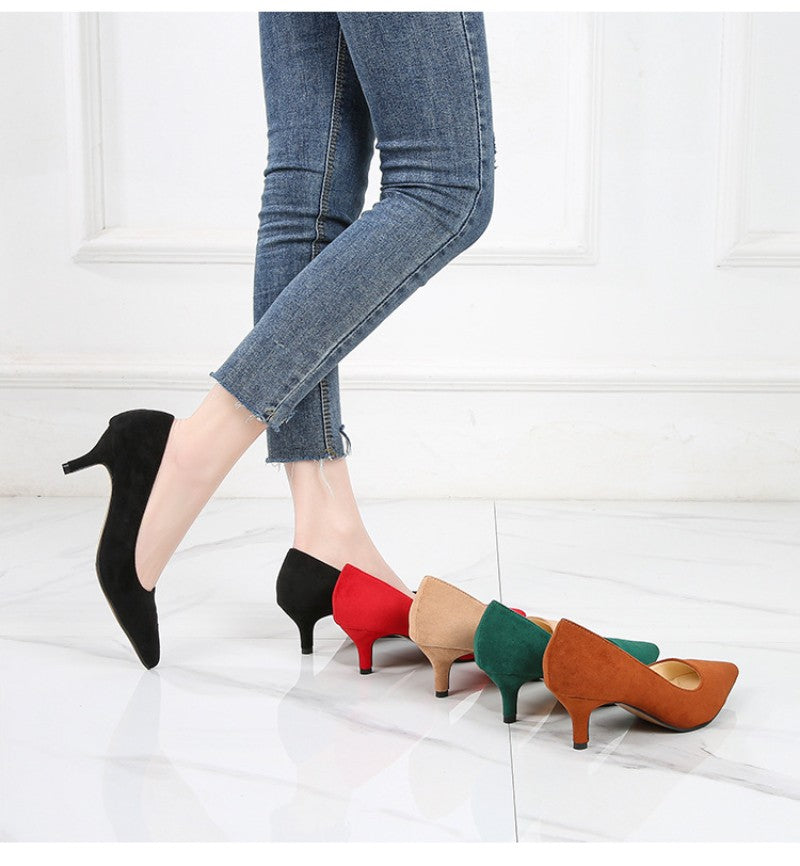 European American Fashionable Pointed High Heels Women With Rhinestone Bows Shallow Mouth Mid-Heeled Single Shoes Silk Satin