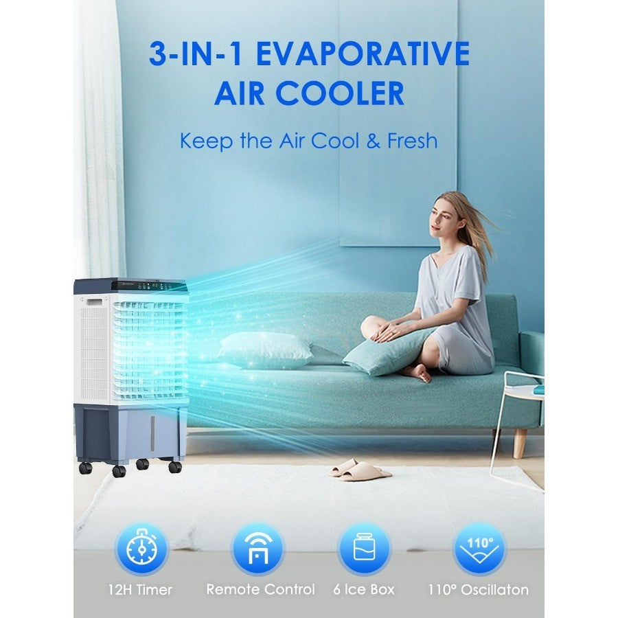 Swamp Cooler 1800 CFM Portable Evaporative Air Cooler with 6 Ice Box 5.3 Gal Water Tank 110 Swing 3 Speeds Upgraded Remote 12H