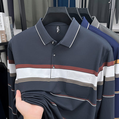 High quality stripe men's long sleeve polo shirt fashion luxury pocket middle-aged business casual color blocked comfort T-shirt