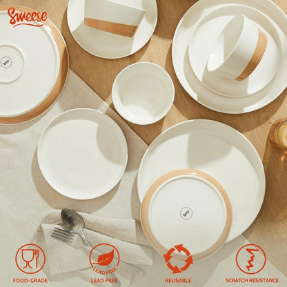 Sweese 18 Pieces Porcelain Dinnerware Set, Modern Dish Set for 6, Hand Painted Kitchen Plates and Bowls Sets, Scratch Resistant