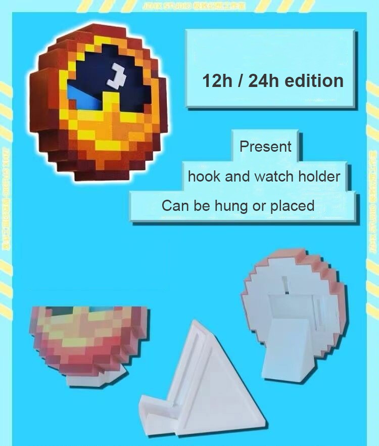 Cartoon Pixel Style Clock Wall or Table 12/24 Hours Timer 3D Printed with Stand Hook Desktop Ornament Home Decor Creative Gifts