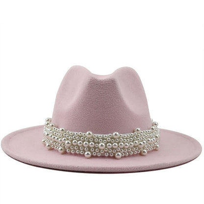 Chapéu Fedora De Lã Feminino Masculino Com Fita De Pérolas Cavalheiro Elegante Senhora Inverno Outono Aba Larga Igreja Panamá Sombrero Boné De Jazz 60CM