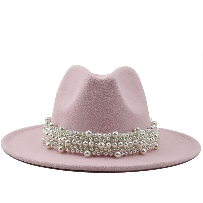 Chapéu Fedora De Lã Feminino Masculino Com Fita De Pérolas Cavalheiro Elegante Senhora Inverno Outono Aba Larga Igreja Panamá Sombrero Boné De Jazz 60CM