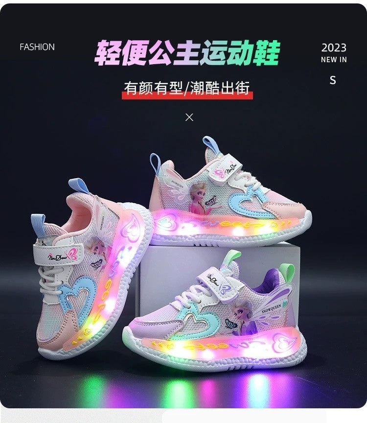 Disney Children Led Shoes Kids Girls Sneakers Frozen Elsa Princess Lighting Shoes Pink Purple Casual Sports Shoes Size 21-31