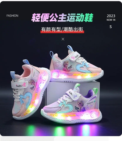 Disney Children Led Shoes Kids Girls Sneakers Frozen Elsa Princess Lighting Shoes Pink Purple Casual Sports Shoes Size 21-31