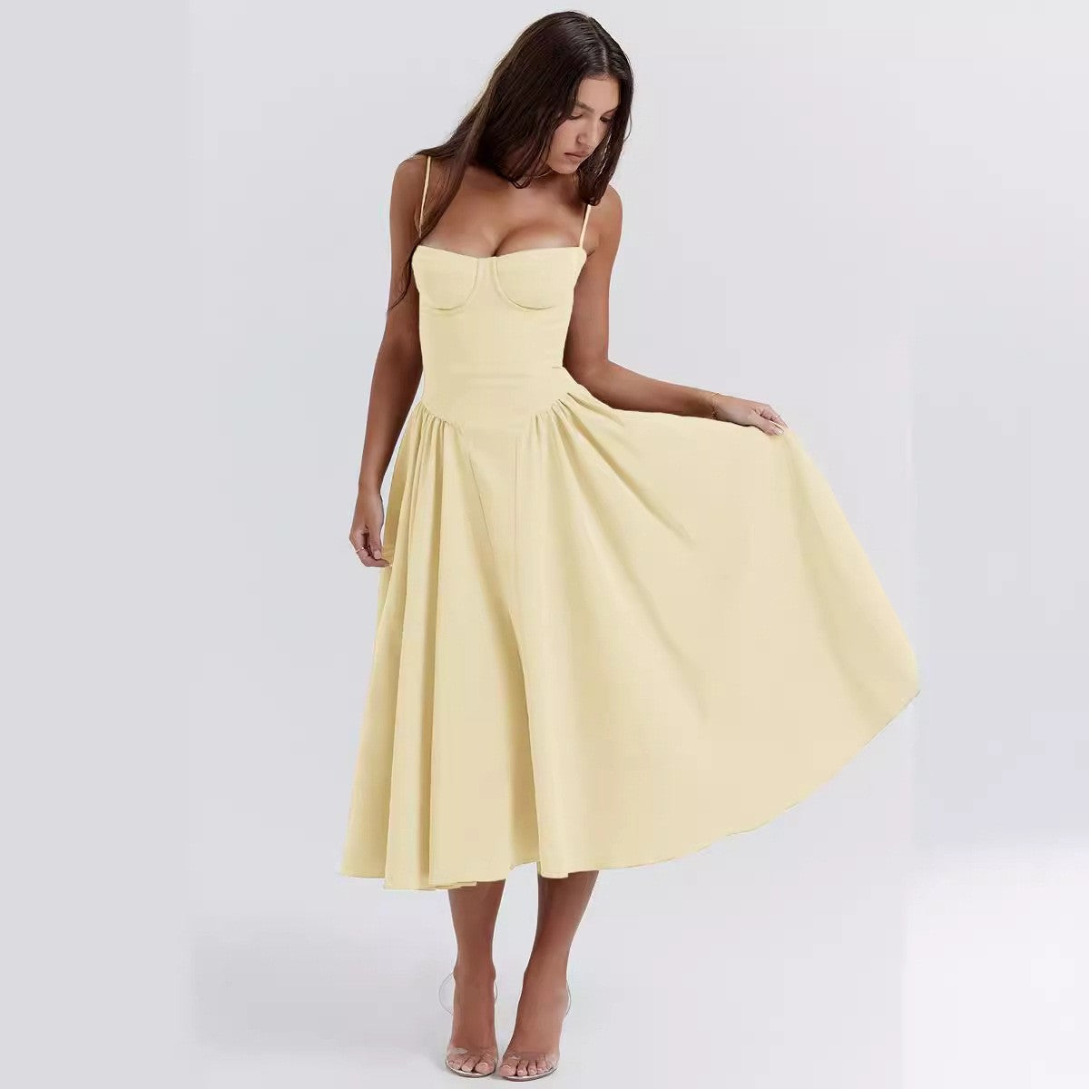 Summer Women Elegant Sleeveless Backless Pleated Dresses Lady Sexy Solid Sling M