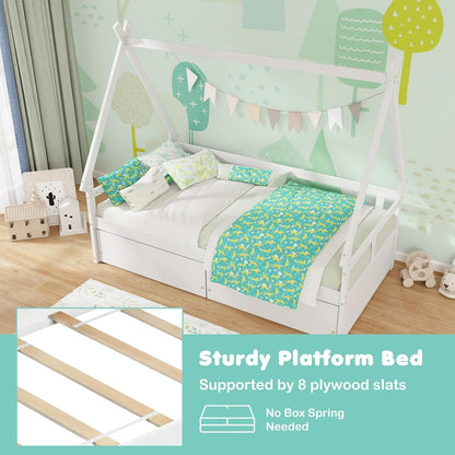 Twin Bed with 2 Storage Drawers, Wood Montessori House Tent Bed Frame with Safety Guardrail, Low Teepee Bed with Wood Sl