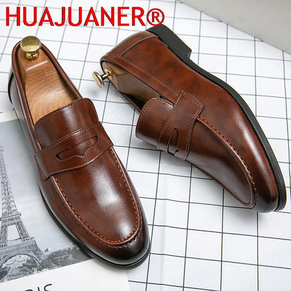 Spring Autumn Prom Evening Long Men's Casual Leather Loafers Male Slip on Flats Shoes Male Brogue Retro Upscale Comfy Shoes