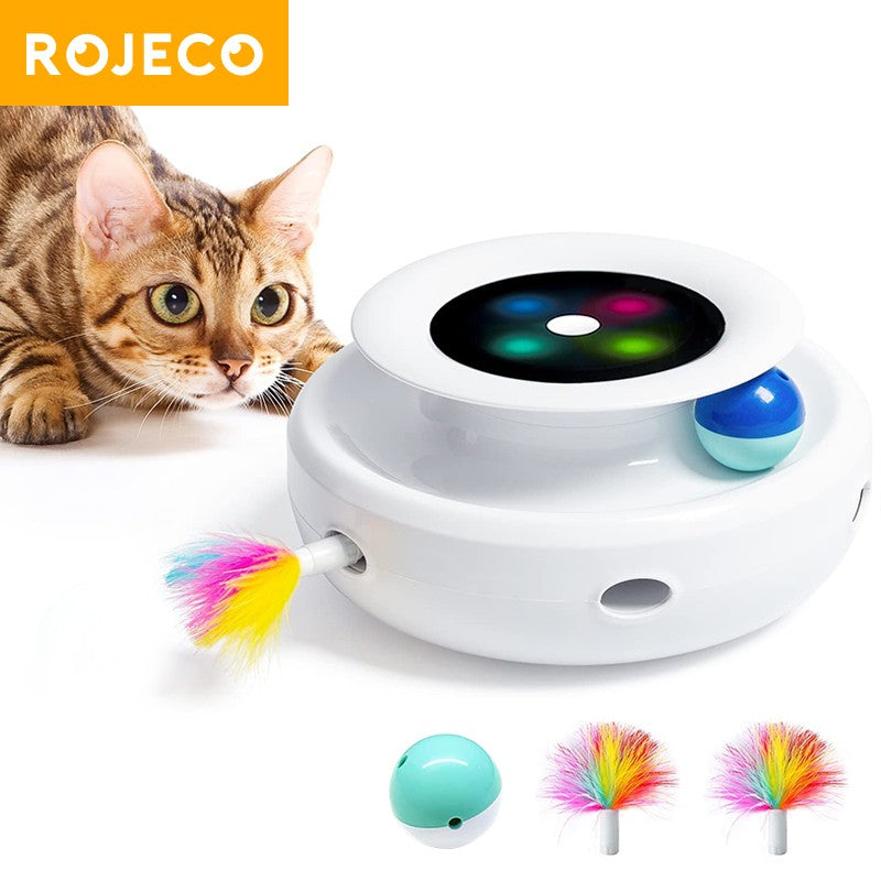ROJECO Brinquedos Inteligentes para Gatos 2 em 1 Brinquedo Automático de Pena e Bola Divertida para Gatos e Cães, 5 Modos, Acessórios Eletrônicos Interativos para Animais de Estimação