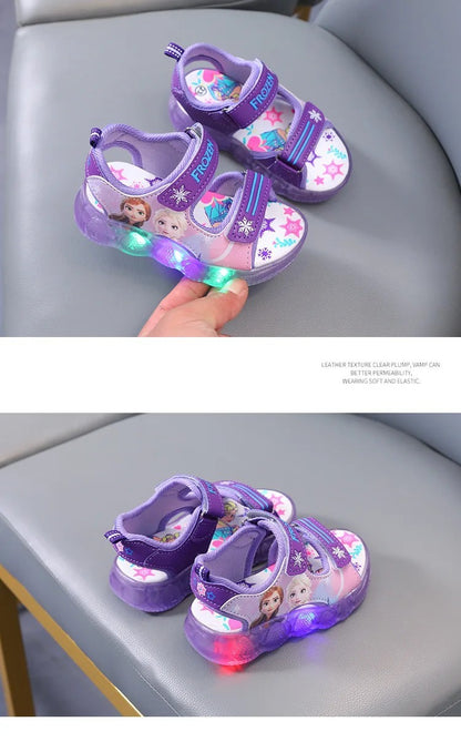 Disney Boys Girls Frozen Elsa Princess Led Light Up Luminous Sports Sandals Summer Kids Sandals Non-slip Toddler Shoes