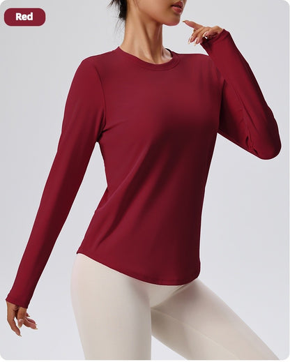 Naked Spring and Autumn Round Neck Fitness Yoga Clothing, Slimming and Slimming Base, Sports Top, Pilates Long Sleeve, Female