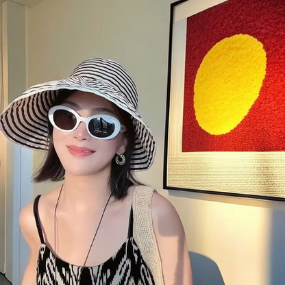 1Pcs Durable Sunproof Striped Bucket Hat Foldable Retro Summer Hat Big Head Circumference Fashion Sunscreen Basin Hat Women