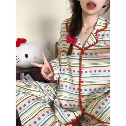 Plus Size Pajamas 2 Pieces Set Y2K Striped Strawberry Print Casual Korean Sweet Soft Women's Pajamas Autumn Winter New Homewear