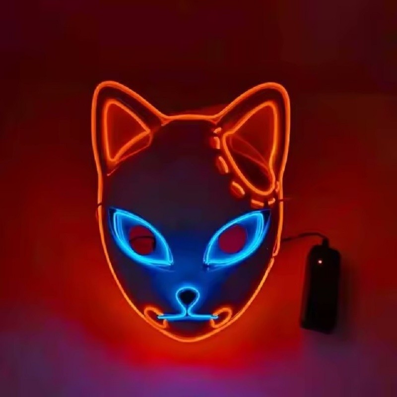 1PC Glowing Demon Slayer Led Face Mask Anime Cosplay Prop Cat Face Fox Halloween Cold Light Flashing Mask Party Costume