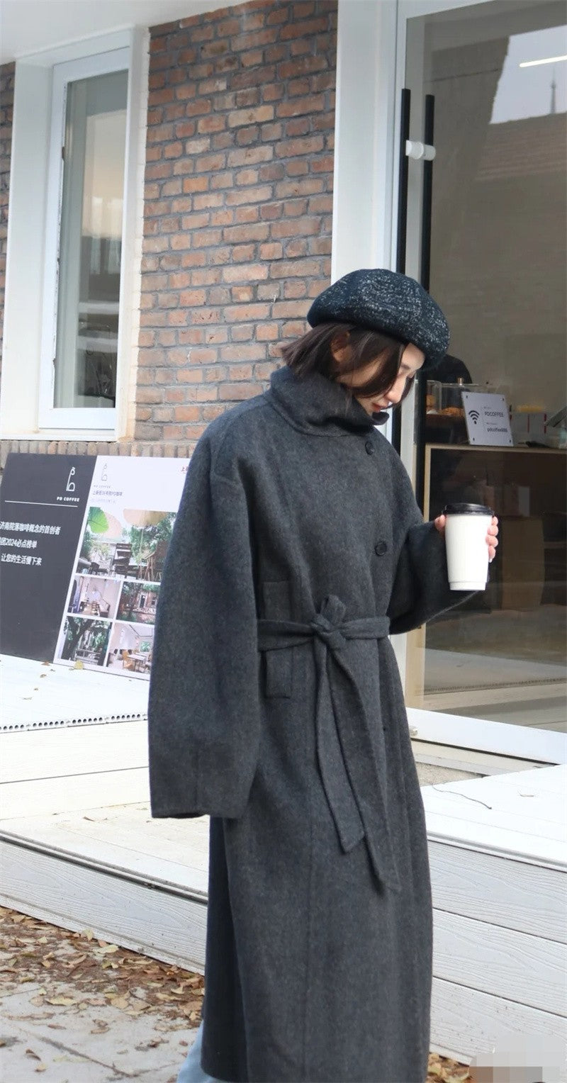 Women's Coat 2025 Autumn and Winter New Style Gray Long-Sleeve Belted Single-Breasted Stand Collar Loose Coat Fashionable