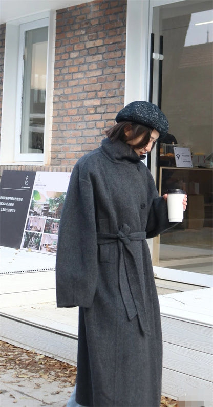 Women's Coat 2025 Autumn and Winter New Style Gray Long-Sleeve Belted Single-Breasted Stand Collar Loose Coat Fashionable
