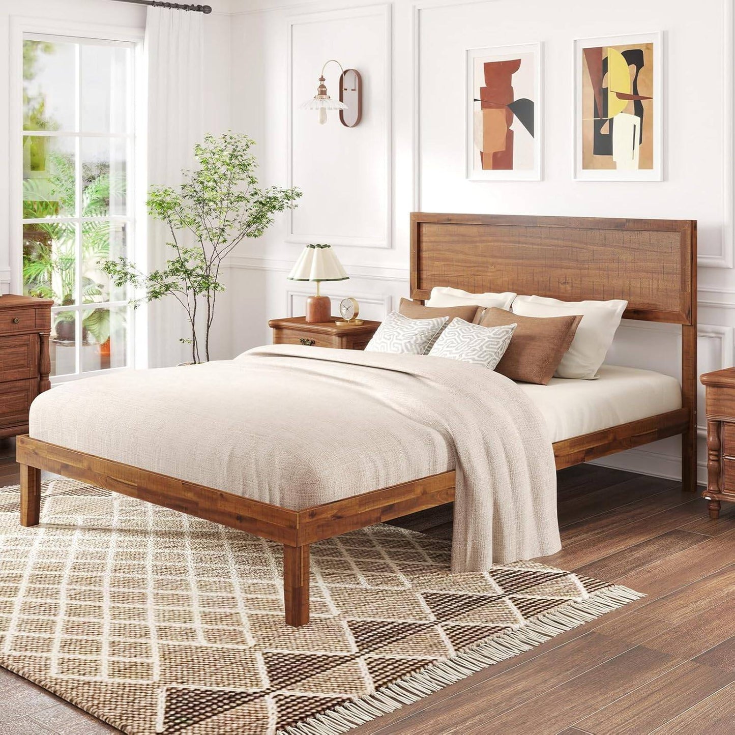 Wood Full Size Bed Frame with Headboard, Mid Century Modern Platform Bed Full with Solid Wood Legs & Wooden Slat Support