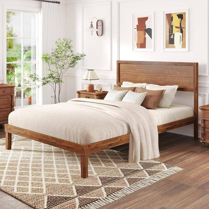 Wood Full Size Bed Frame with Headboard, Mid Century Modern Platform Bed Full with Solid Wood Legs & Wooden Slat Support