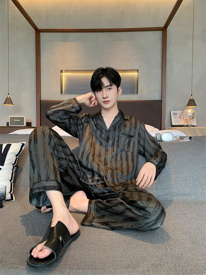Large Size Ice Silk Men's Sleepwear 2025 New High-End V-Neck Thin Long Sleeved Two-Piece Set for Home Wear Youth Nightwear