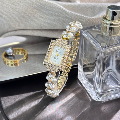 French Romantic Double-Row Exquisite Small Pearl Bracelet Watch Square Diamond-Encrusted Light Luxury Ladies Quartz Watch