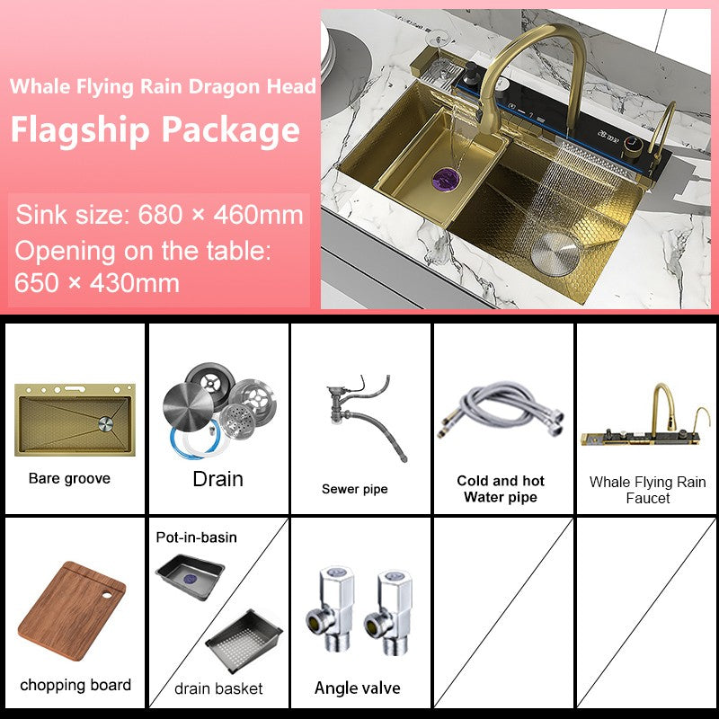 Stainless Steel Waterfall Kitchen Sink New Embossed Extra Large Single Slot Modern Digital Display Dishwashing Basin