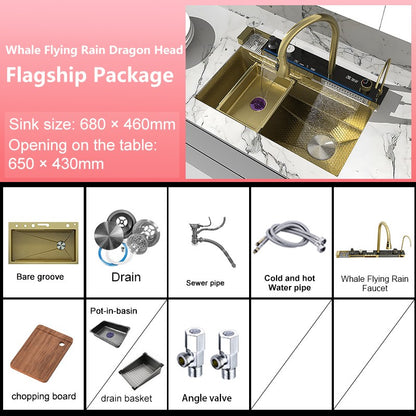 Stainless Steel Waterfall Kitchen Sink New Embossed Extra Large Single Slot Modern Digital Display Dishwashing Basin