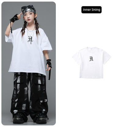 Roupas Infantis Hip Hop Casaco Brilhante Preto Top Calças Jogger Pretas de Rua para Meninas Meninos Fantasia de Dança Jazz Roupas