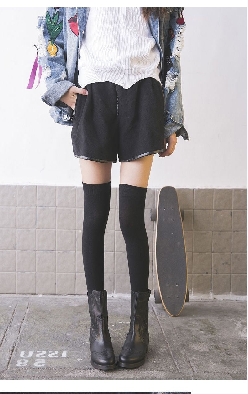 JK Women Black White Knee High Lolita Socks Lady Girls Over Knee Cute Long Sock Thin Breathable Solid Color Stockings For Women