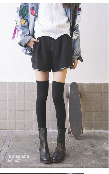 JK Women Black White Knee High Lolita Socks Lady Girls Over Knee Cute Long Sock Thin Breathable Solid Color Stockings For Women