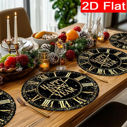 6/8pcs New Year Placemats Set Countdown Clock Pattern Polyester Table Mats Holiday Dining Happy New Year Party Festival Decorat