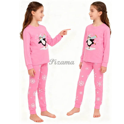 100 Cotton Girls Christmas Pajamas Sets Kids Pyjamas Penguin Snowman Pijama Xmas Homewear Baby Sleepwear Children Nightwear Pjs