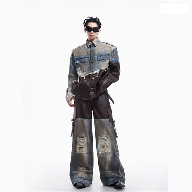 2024 American vintage do old piece-leather destruction denim jacket men fall dirty jacket