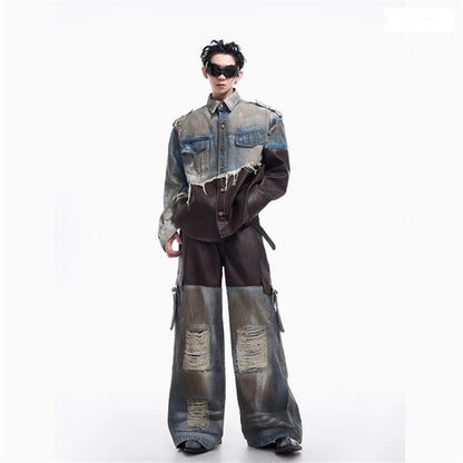 2024 American vintage do old piece-leather destruction denim jacket men fall dirty jacket