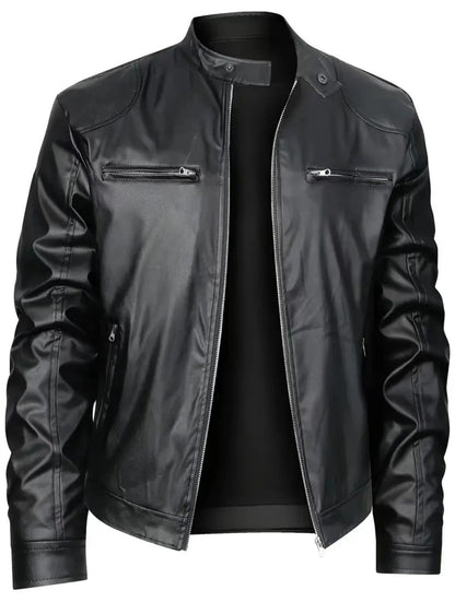 Casual High Quality Men's Slim Fit Biker Leather Jacket Stand Collar Pocket Decorated Motorcycle Style Casual Outerwear 5XL