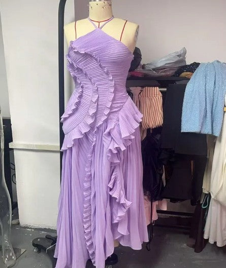 Chic pleated halter neck long vacation dress high quality purple strapless Lotus Edge Maxi Dress 2025 New Lady Vacation Gowns