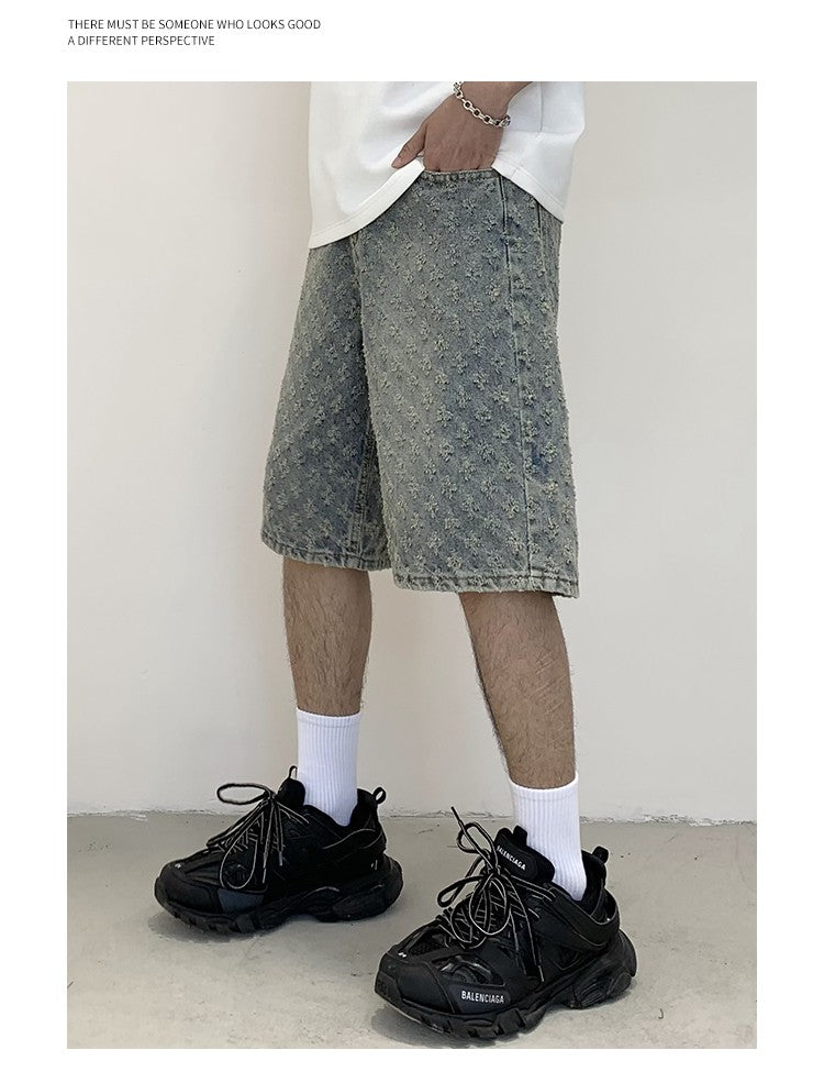 New Summer Men Distressed Short Jeans Vintage Jacquard Straight Leg Men's Denim Shorts Pants