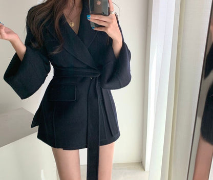 Retro Chic Autumn Winter Woolen Coat One Button Long Sve Suit Collar Waist Cinched Side Slit Warm Knitwear for Women