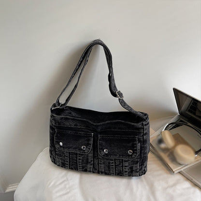 Vintage Washed Canvas Fashionable Bag, Women's Crossbody Bag, Large Capacity Commuting Casual Denim Shoulder Bag