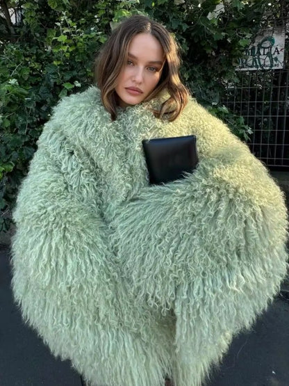 Fashion Solid Plush Faux Fur Coat Women Elegant Warm Long Sleeves Loose Jacket 2025 Lady Winter Chic High Street Outerwear ?