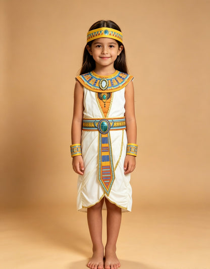 Girls Egyptian Costume Dress with Accessories, White and Gold Themed Outfit for Halloween Party