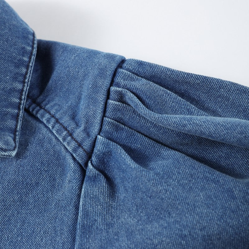 Fashion Denim Women Short Shirt Lapel Half Puff Sleeve Pleated  Turn-down Collar Solid Female Top 2025 Autumn Lady Shirts
